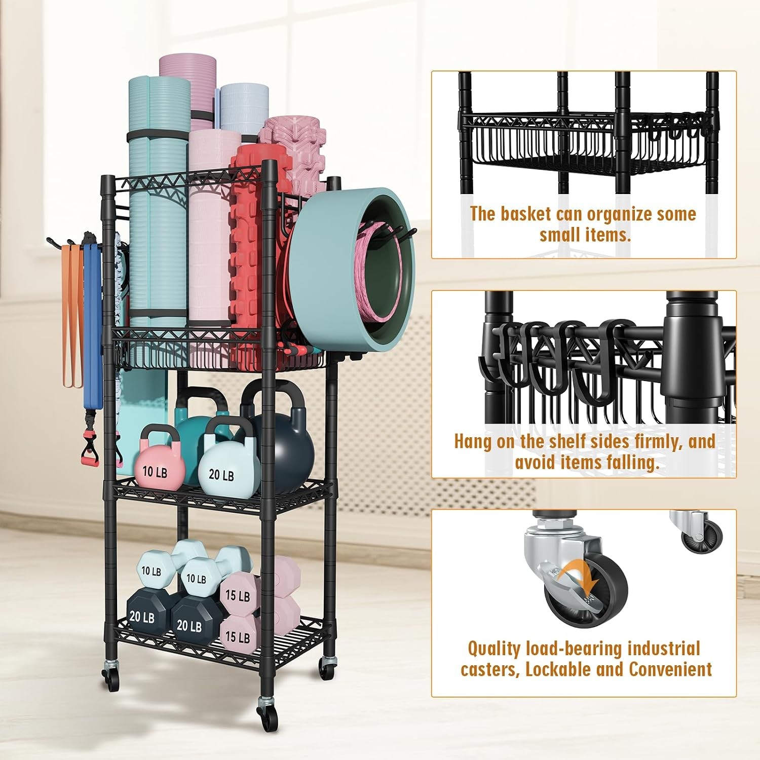 Home Gym Storage 3 Tiers Workout Equipment Organizer W/ Wheels Yoga Mats Foam