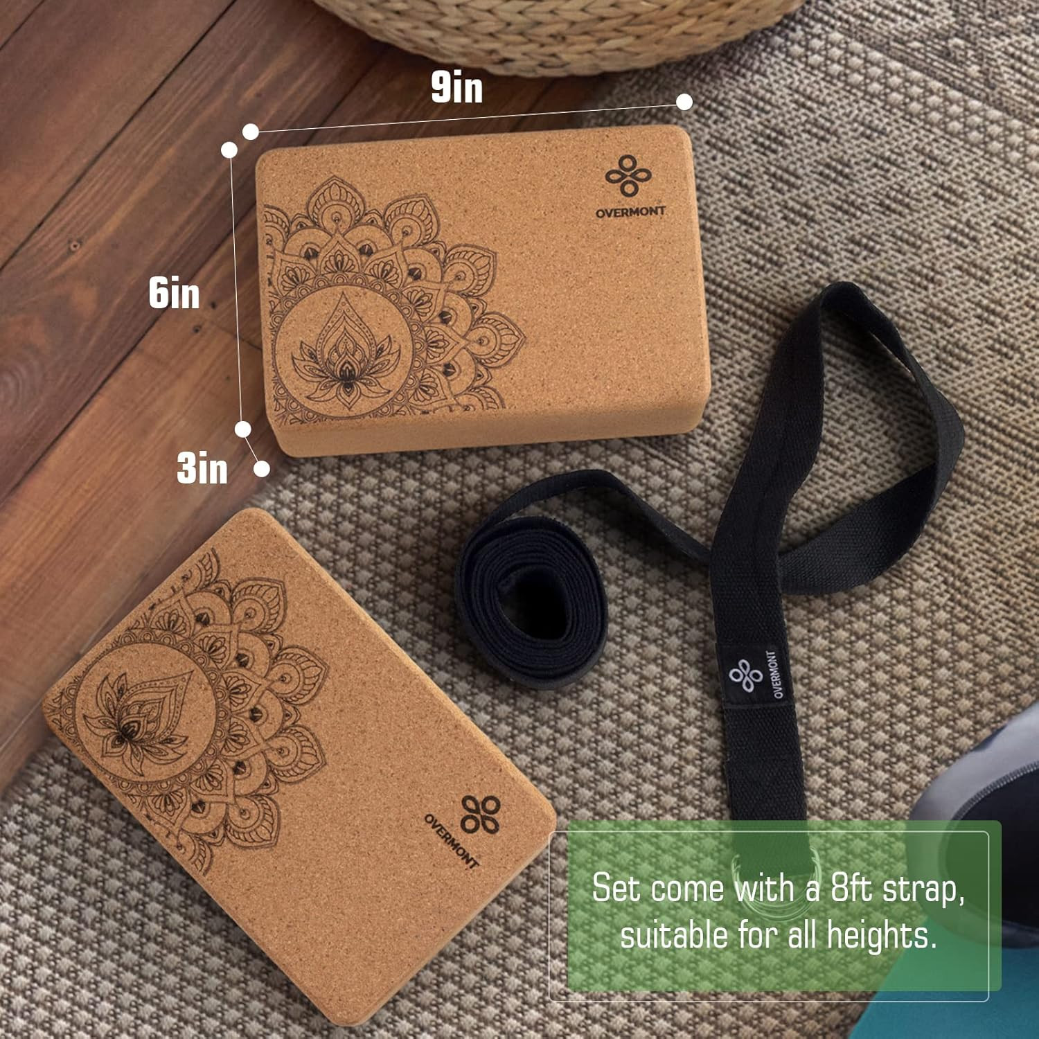 Cork Yoga Blocks 2 Pack with 8Ft Strap Natural Cork Bricks- High Density & Eco F