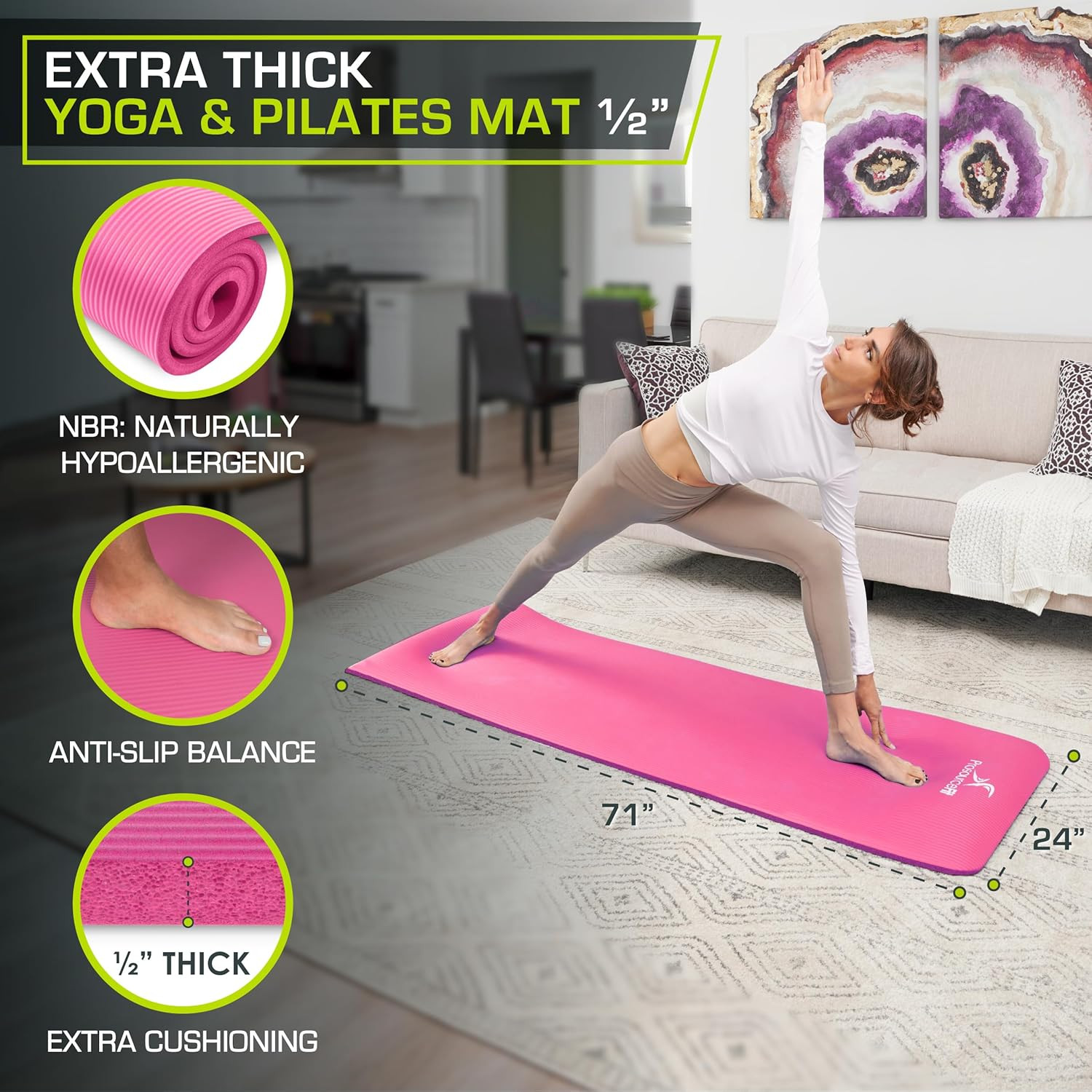 Extra Thick Yoga and Pilates Mat ½” (13Mm), 71-Inch Long High Density Exercise M