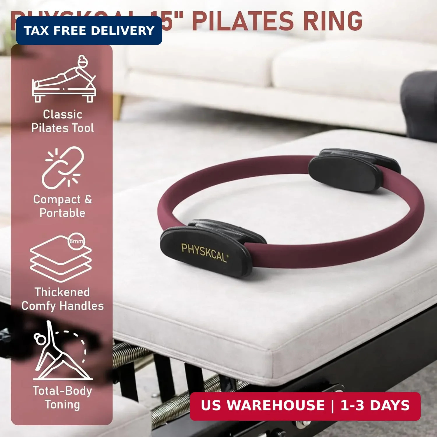 PhysKcal Pilates Ring, 15-Inch Magic Circle with Extra Thick Padded Handles, Pil