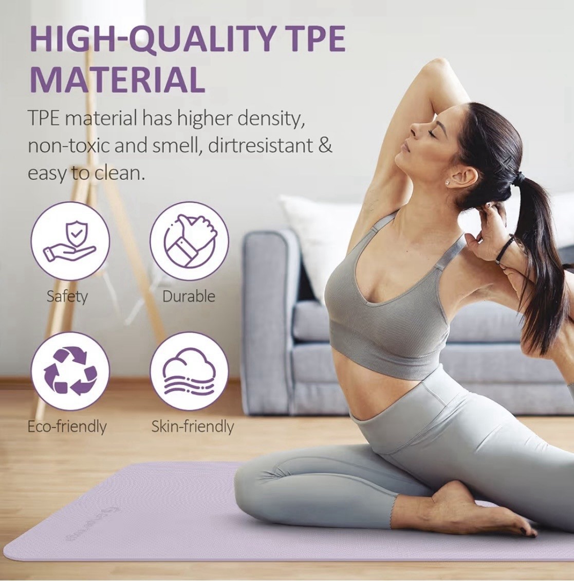 Gruper TPE Yoga Mat 72×24 6mm Non-Slip Waterproof Purple w/ Strap & Bag