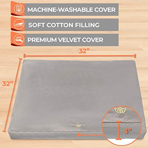Zabuton Meditation Mat (32&Prime;x32&Prime;x3&Prime;), Premium Velvet Cover w 100% Cotton Grey
