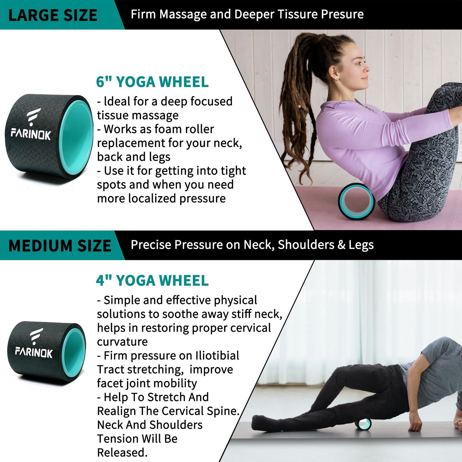 Yoga Wheel Set of 3+1, Upgraded 10MM Thick Back Wheels for Pain Relief & Stre…