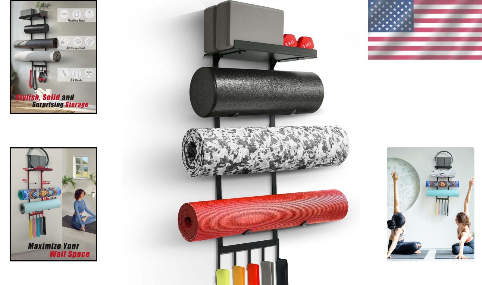 Yoga Mat Holder Wall Mount Storage Rack with Hooks and Shelves