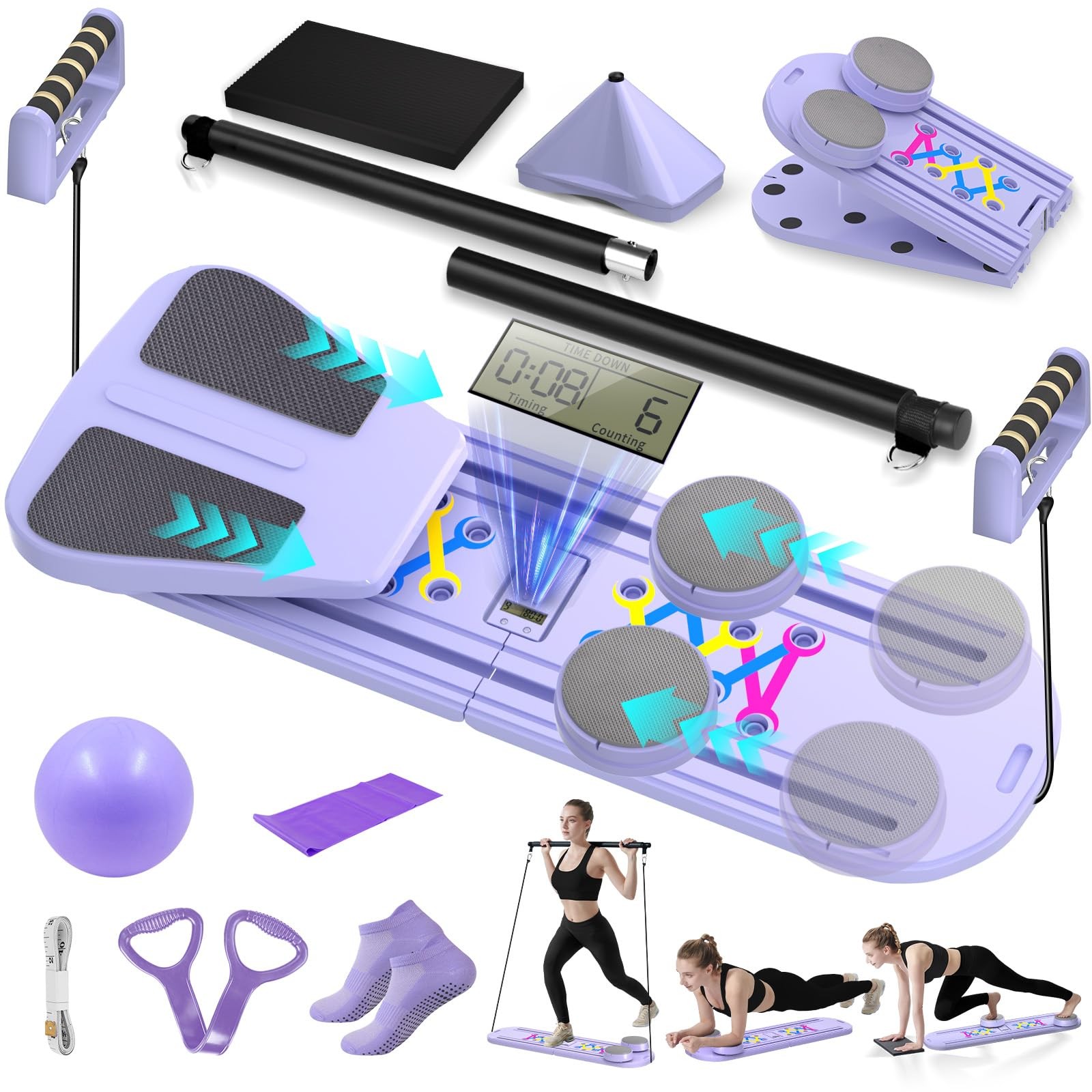 Pilates Reformer Set, 6-in-1 Foldable Board for Home Workout with Timer