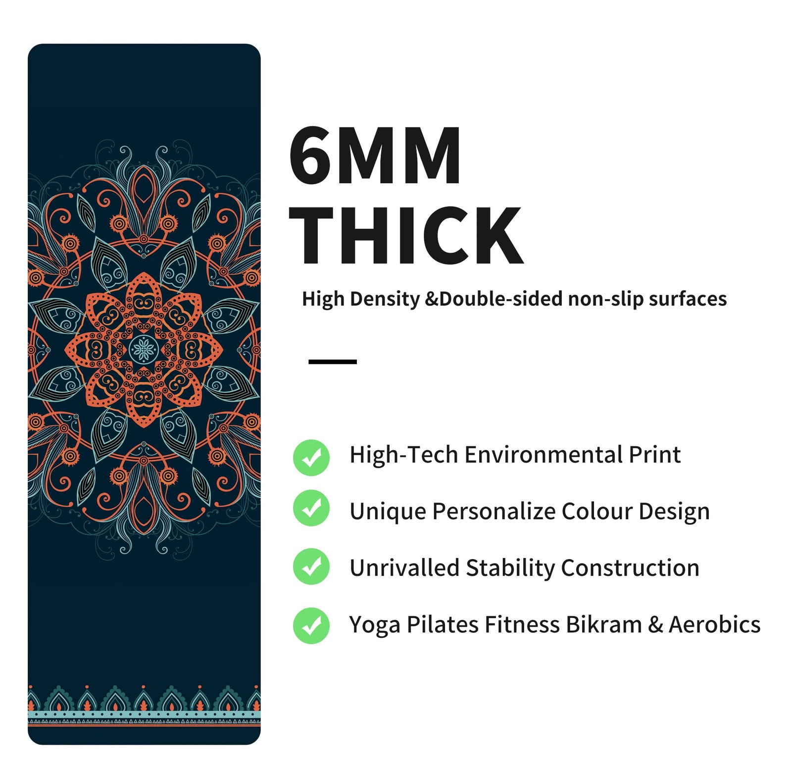 Extra Thick TPE Yoga Mat 6mm Non Slip 72×24 inch with Printed Poses Bag