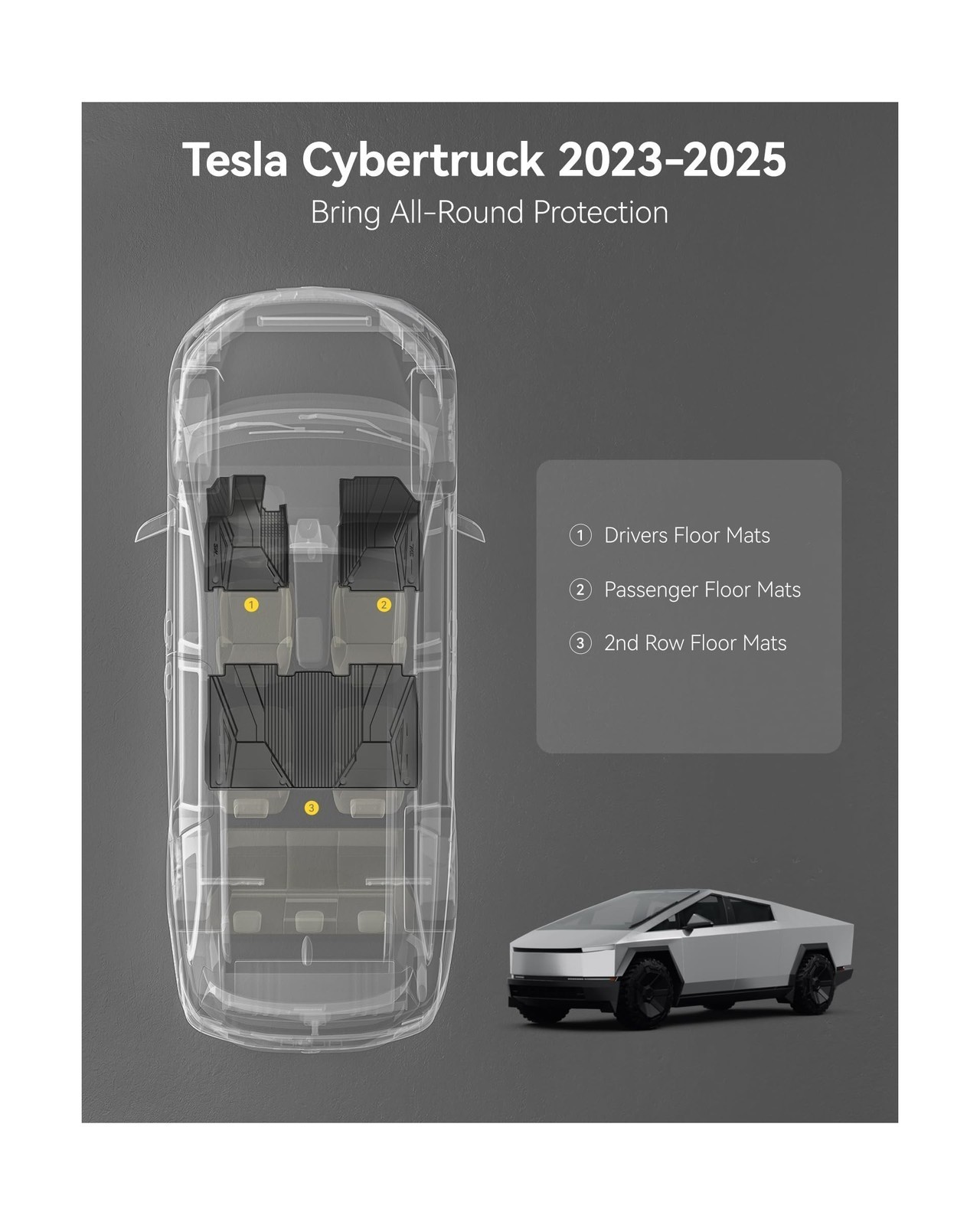 Floor Mats For Tesla Cybertruck 23-26, TPE All-Weather Black