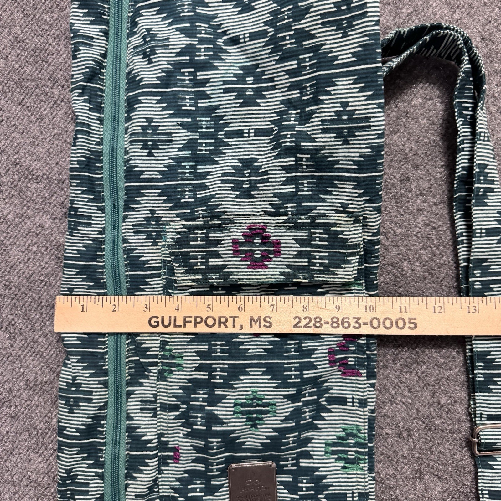 prAna Boho Patchwork Yoga Mat Bag Teal Green Beaded Embroidered Zip Carrier
