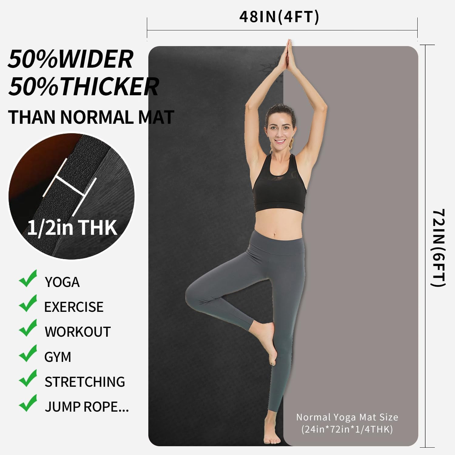 Large TPE Yoga Mat 6&rsquo;X4&rsquo;X1/2&Prime; Extra Thick Non-Slip Exercise Mat – for Yoga Pilat