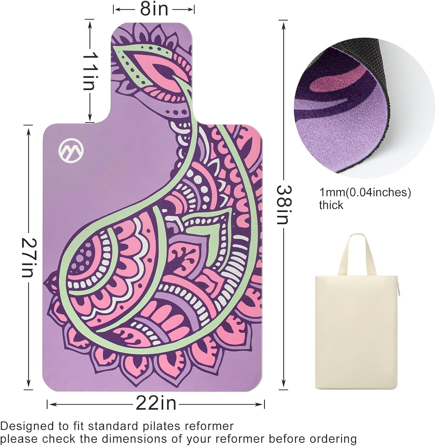 Non-Slip Pilates Reformer Mat Cover with Carry Pouch, 1mm Thick, Purple