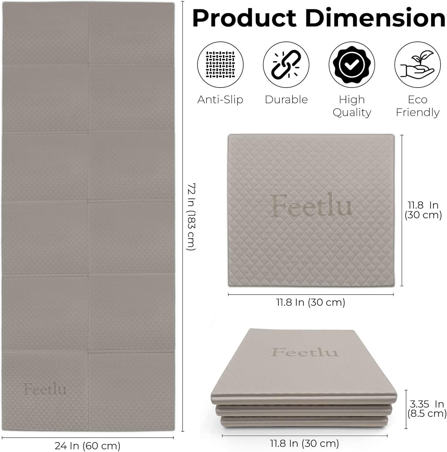 Foldable Yoga Mat, 6mm, Non-Slip, Lightweight, 72”x24”, Travel Mat, Gray