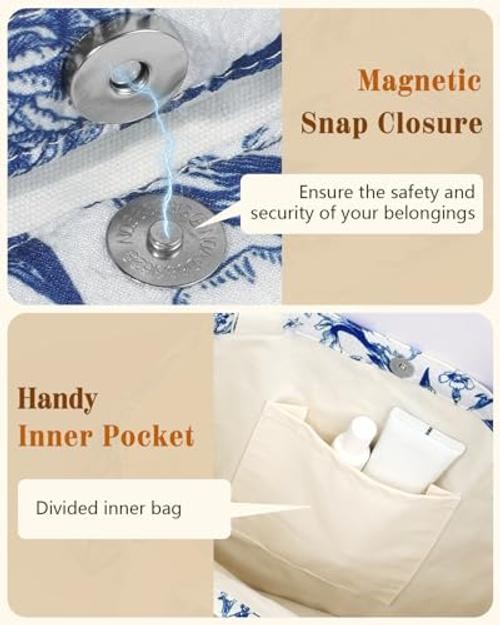 Aesthetic Tote Bag for Women – Reusable Shoulder Bag with White Blue Flowers