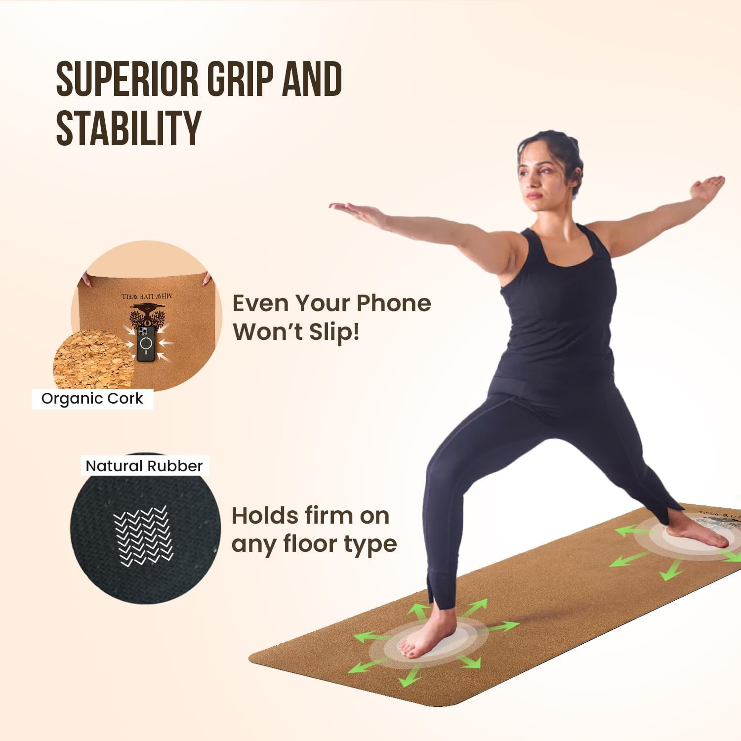 MHW- Live Well Non-Slip Yoga Mat 6Mm Extra Thick – Eco-Friendly Cork & TPE Exerc