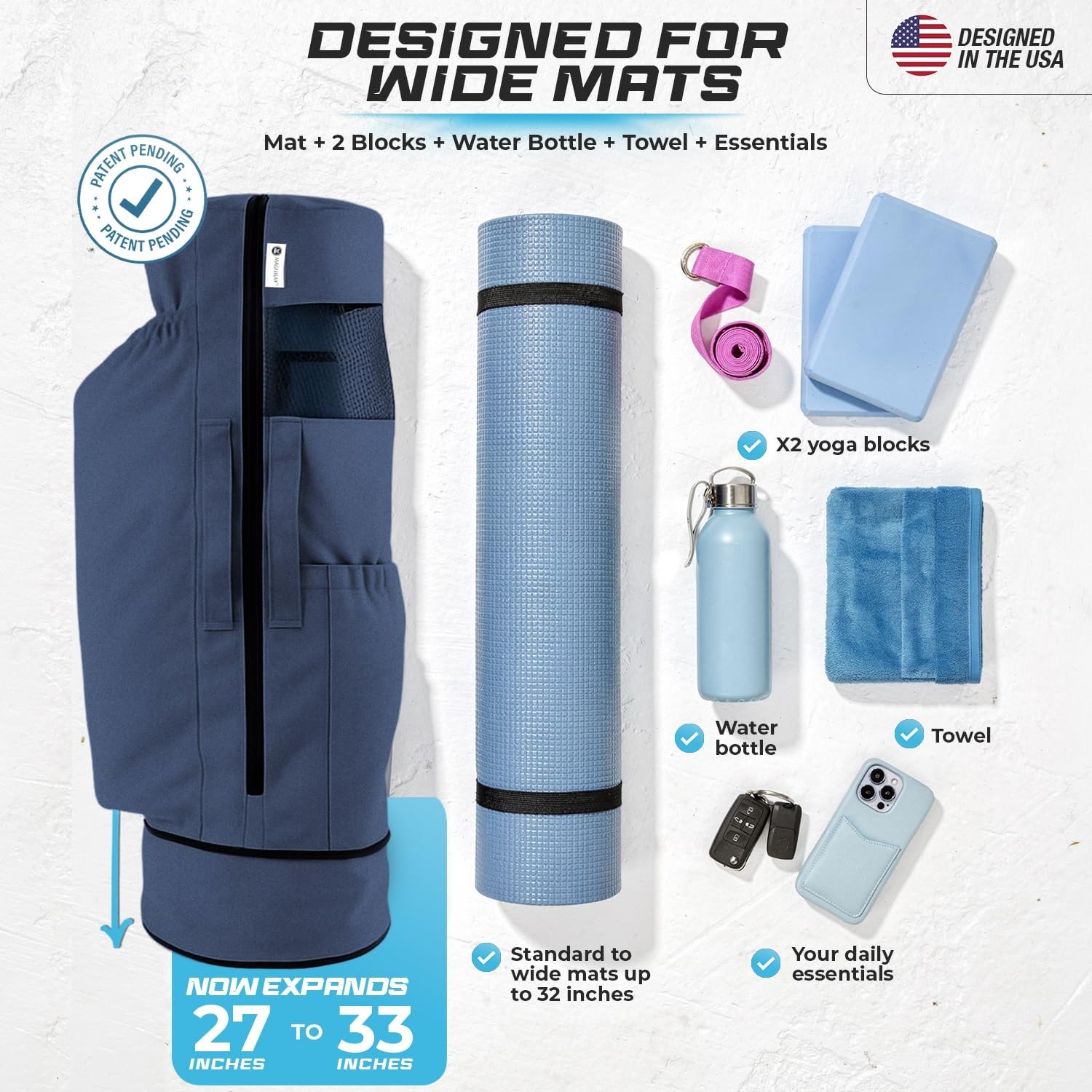 Yoga Mat Bag with Pockets & Adjustable Strap – Fits Mats & Accessories, 32&Prime; L