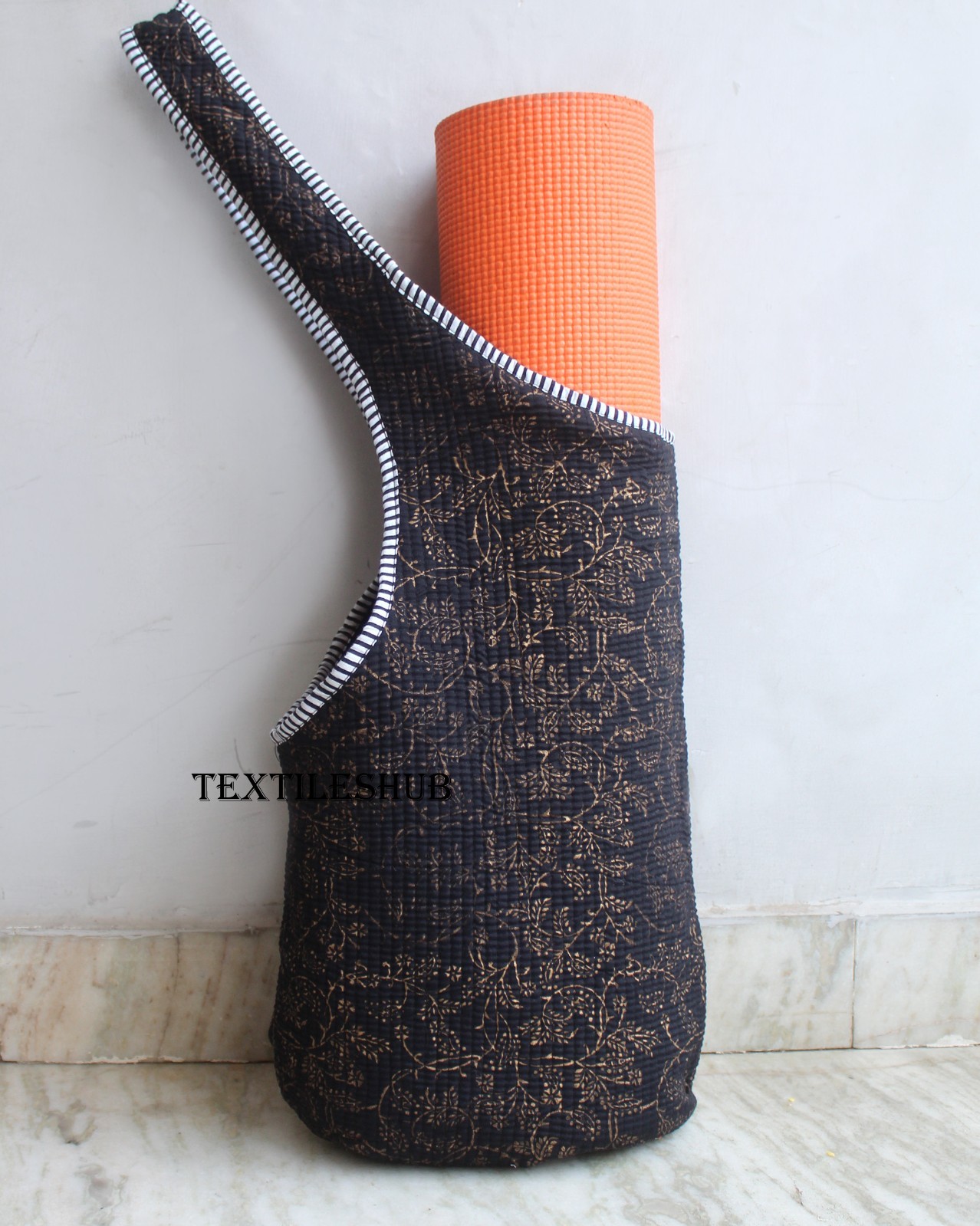 Handmade Cotton Yoga Mat Bag Quilted Floral Print Sling Shoulder Carrier