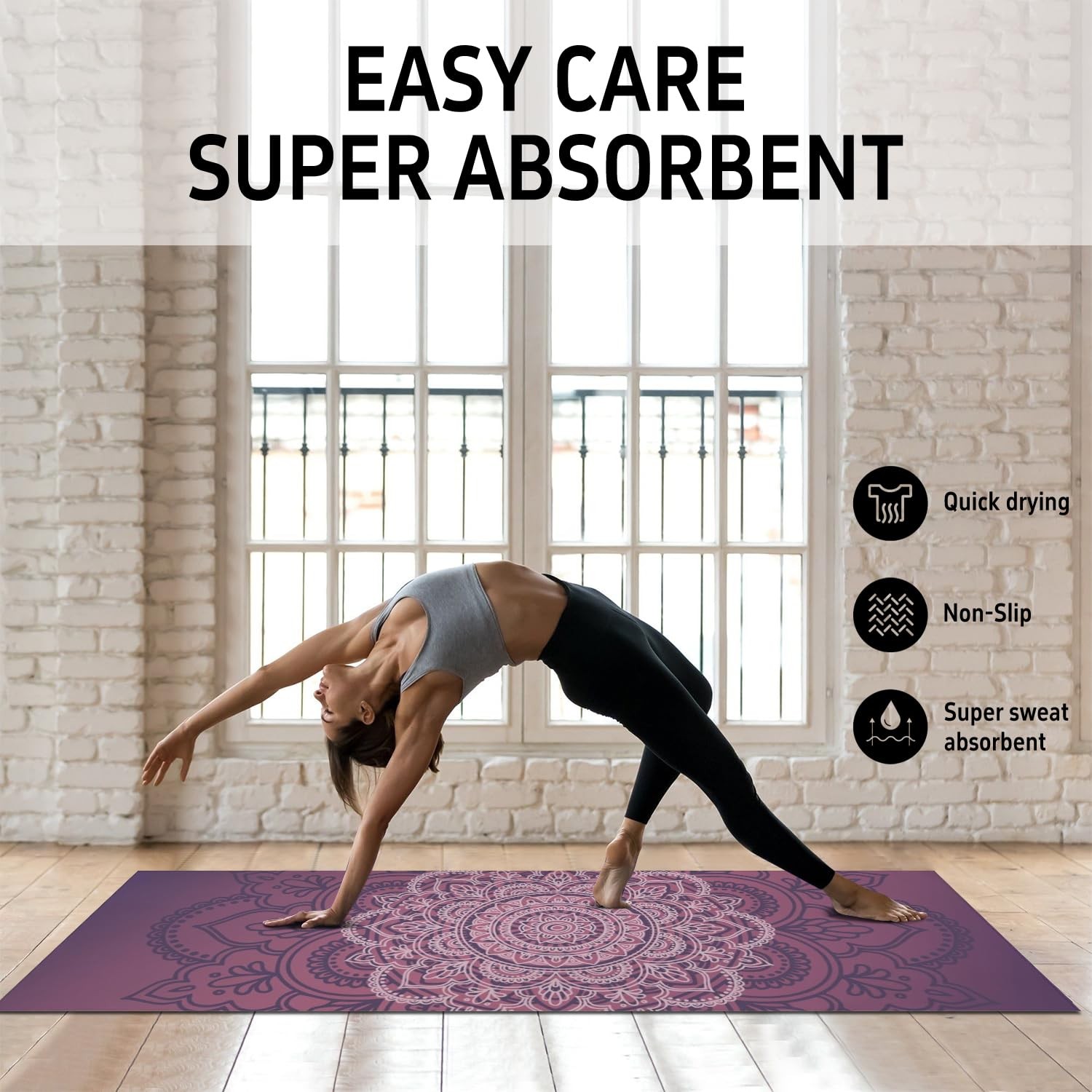 jkddrep Hot Yoga Mat Towel with Corner Pockets 70×26, Purple Flower-01