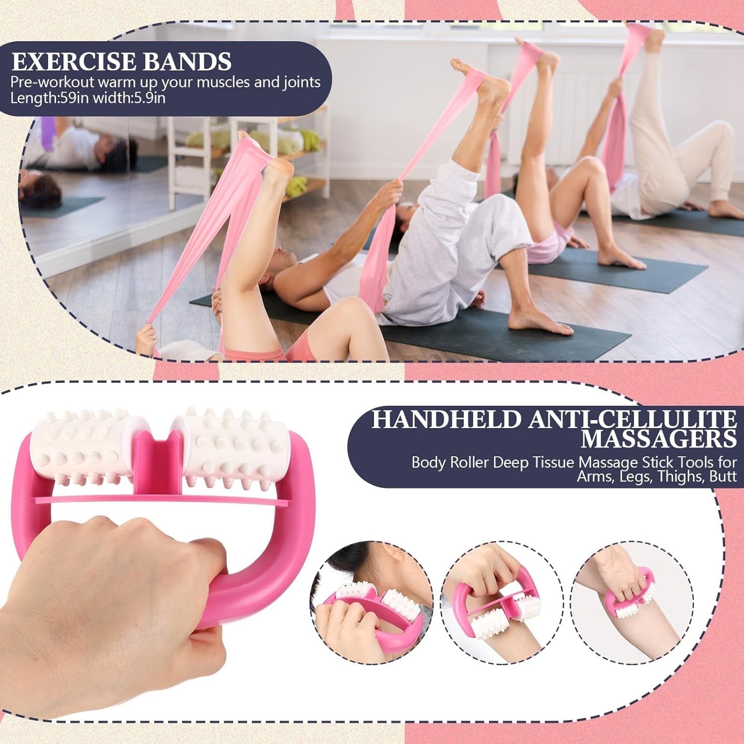 5-in-1 Pink Yoga Wheel Set Back Stretcher Wheel Deep Tissue Massage Foam Roll…
