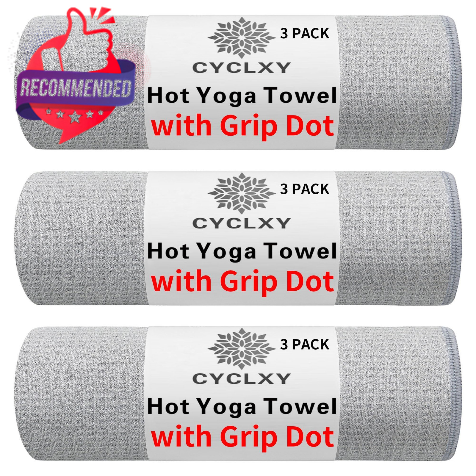 Yoga Mat Towel Grip Dot Hot 72.00&Prime; x 26.50&Prime; Grey 3 Pack
