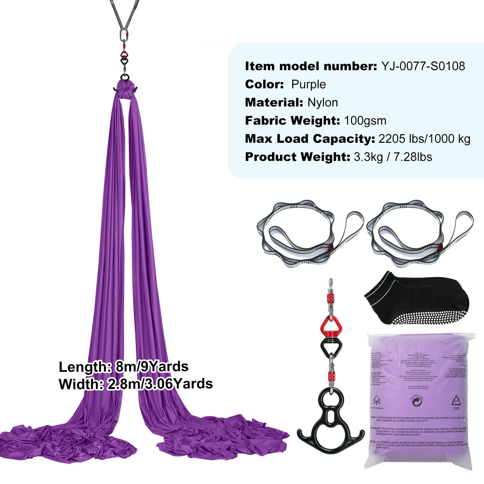 VEVOR Aerial Silk Yoga Swing Set 8.7 Yards Hammock Trapeze Inversion Fly Purple
