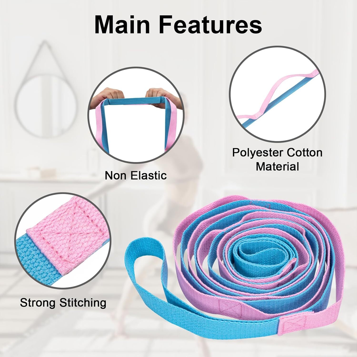 Yoga Strap for Stretching Inelastic Soft Polyester Cotton Stretch Out Band for E