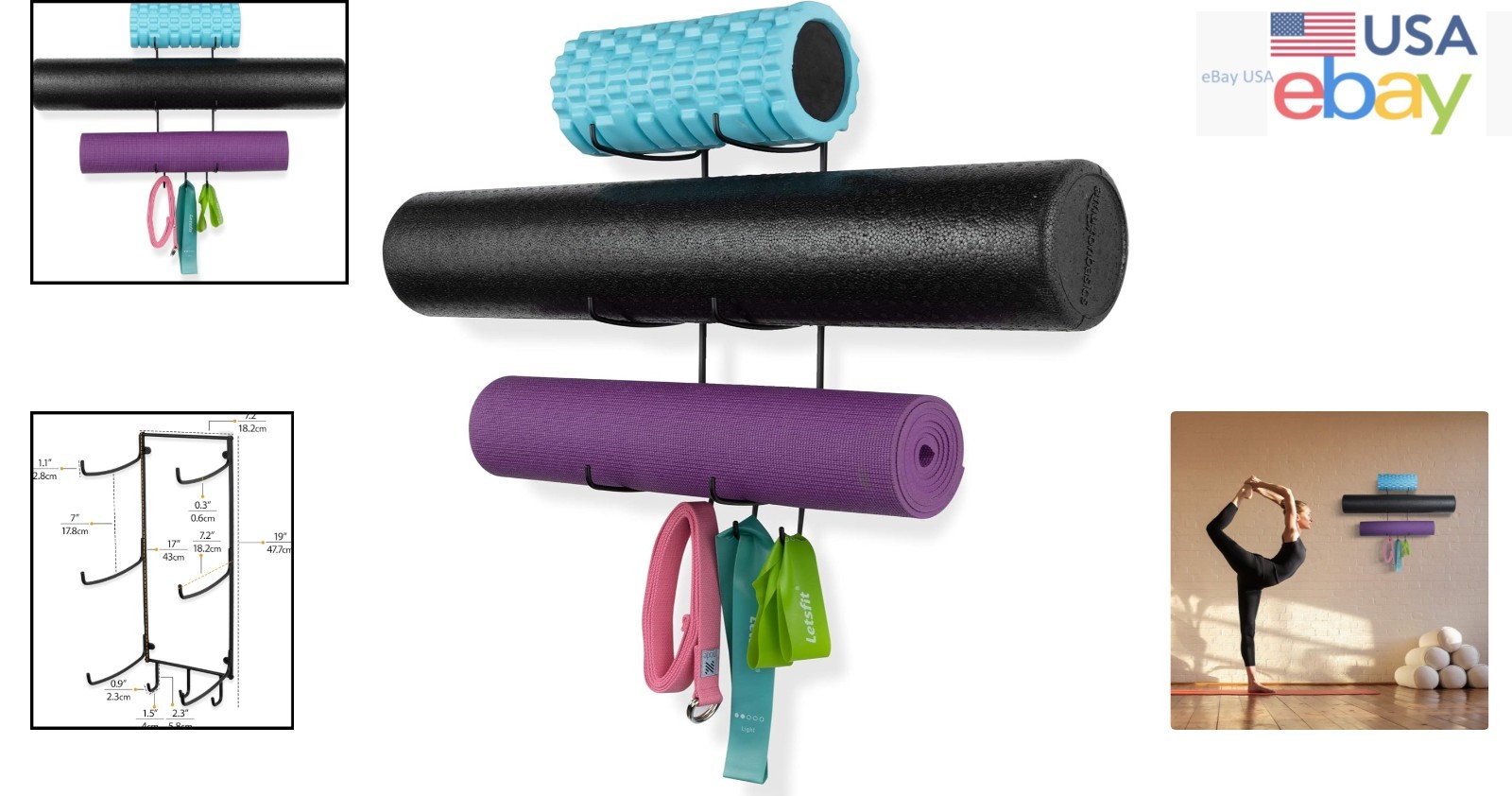 Metal Yoga Mat Storage Rack with 3 Sectional Hooks for Home Gym Organization