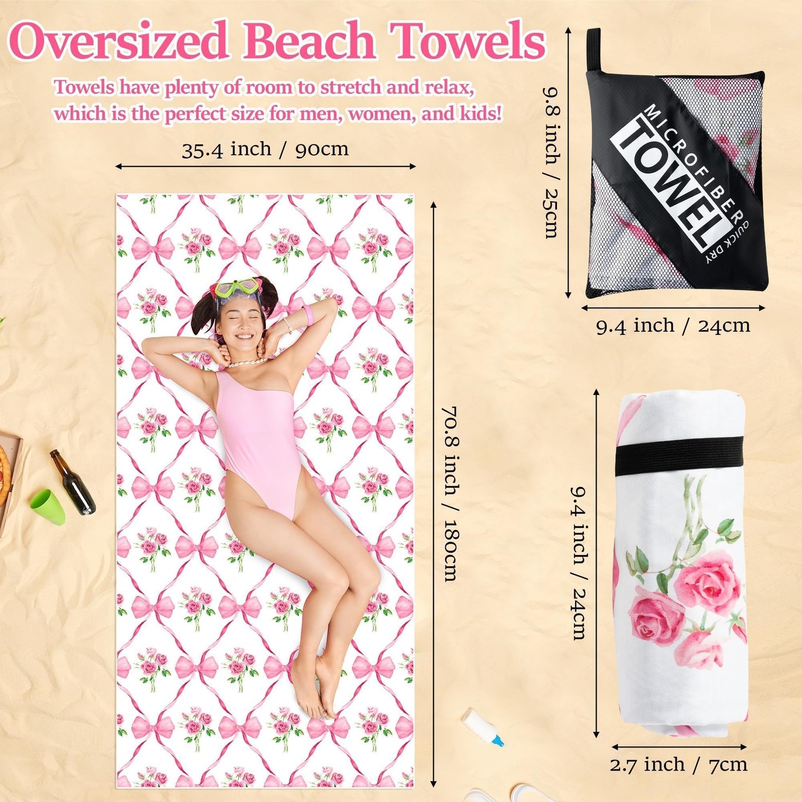 Pink Bow Oversized Beach Towel – Flower Double-sided Thin Microfiber Lightwei…