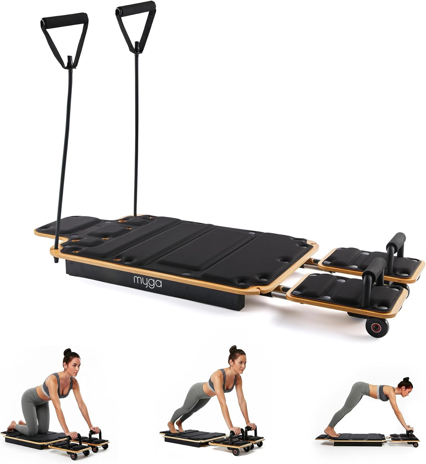 Wooden Pilates Reformer,Home Pilates Machine with Adjustable Resistance and Padd