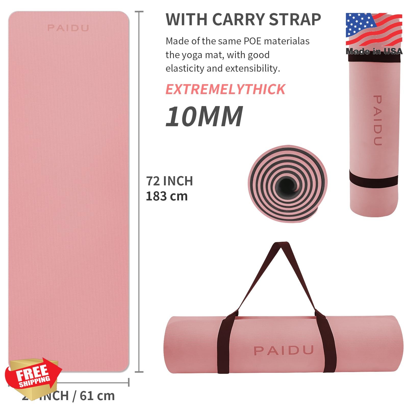 PAIDU Yoga Mat Non Slip Anti-tear,extra thick-2/5 inch(10MM)High Resiliency Prof