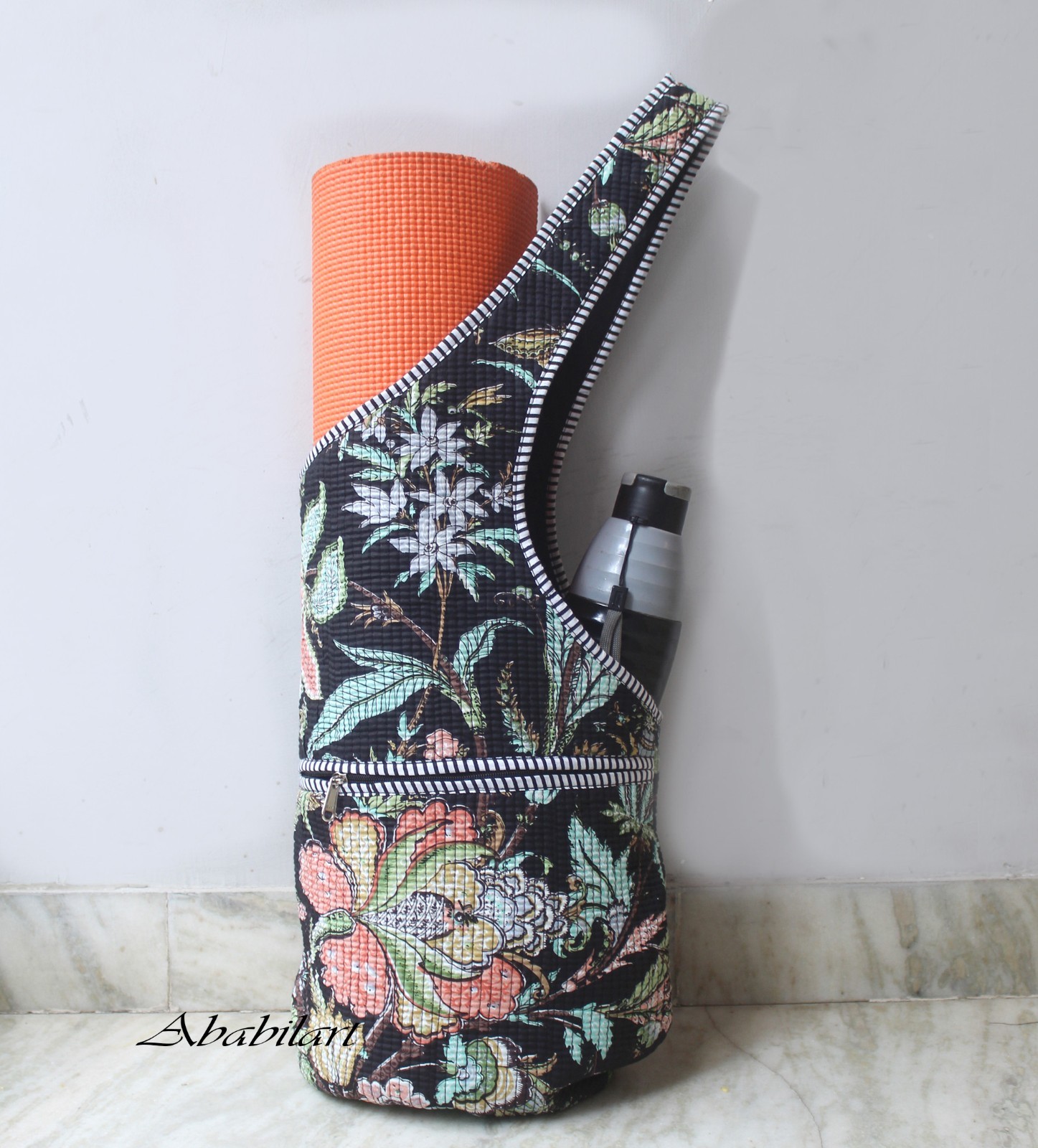 Indian Cotton Quilted Yoga Mat Bag – Handmade Gym Mat Carrier Jhola Bag