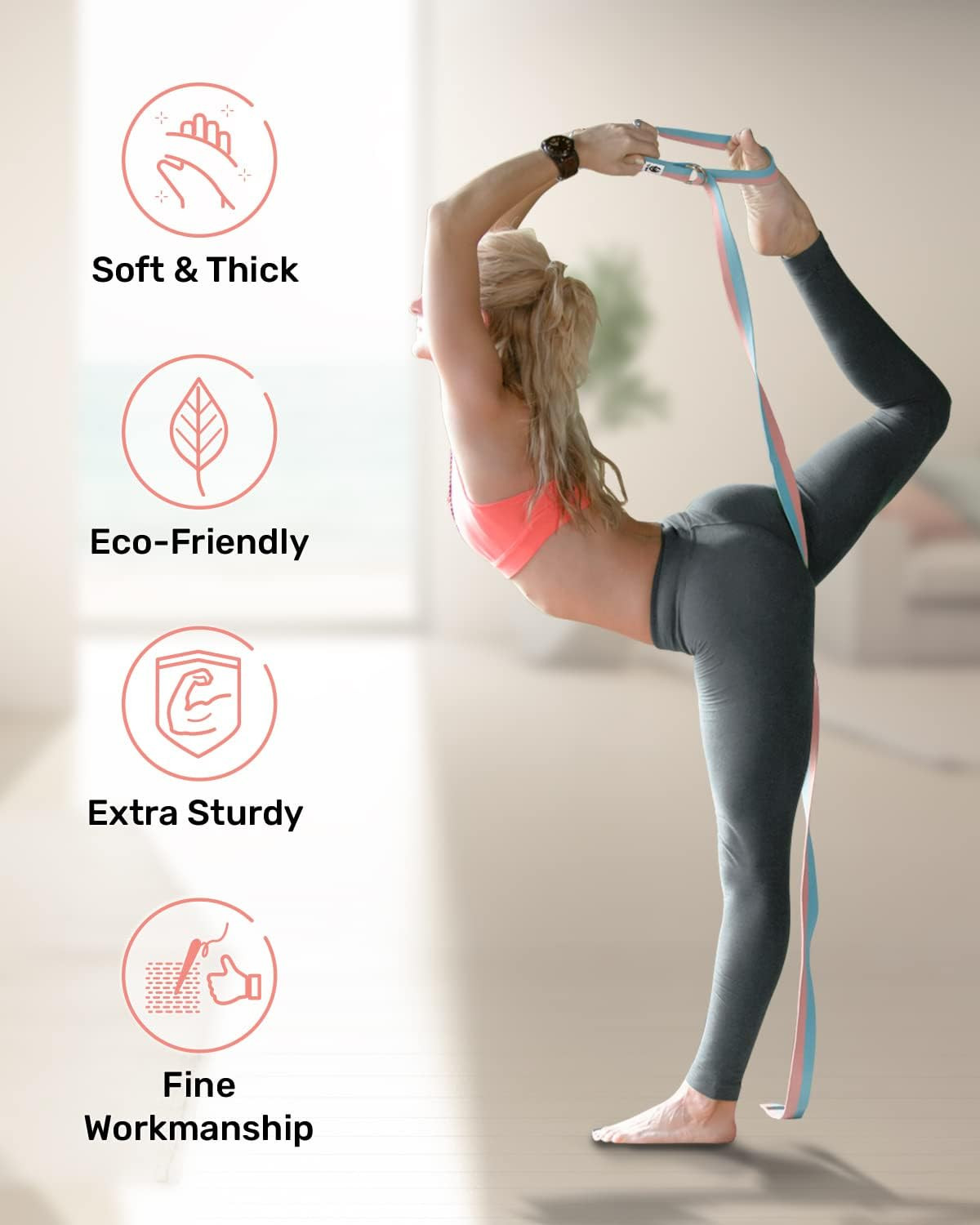 Yoga Strap/Stretch Bands [15+ Colors, 6/8/10 Feet Options] with Extra Safe Adjus