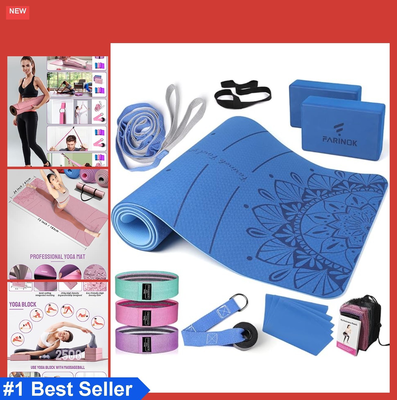 Yoga Mat Set Thick 0.35 Inch High Density Non Slip Mat Strap Blocks Resistance