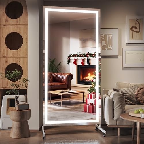 Home Gym Mirror with Light 360° Swivel on Wheels, 71&Prime; x 71&Prime;L x 36&Prime;W White/ Led