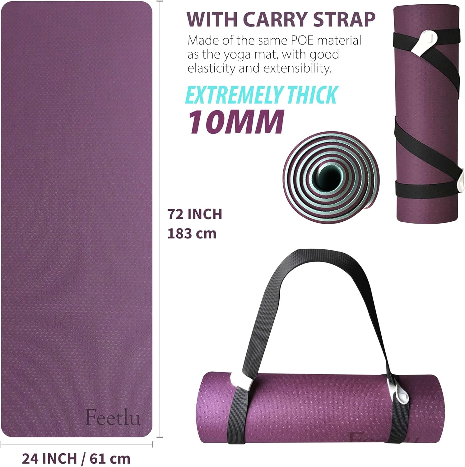 Extra Thick Exercise Yoga Mat with Strap – 2/5 Inch (10MM), Non-Slip Workout Mat