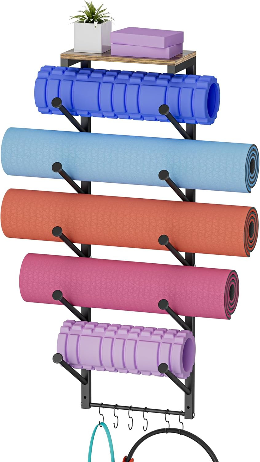5-Tier Yoga Mat Holder Rack Wall Mount with 6 Hooks & Floating Shelf