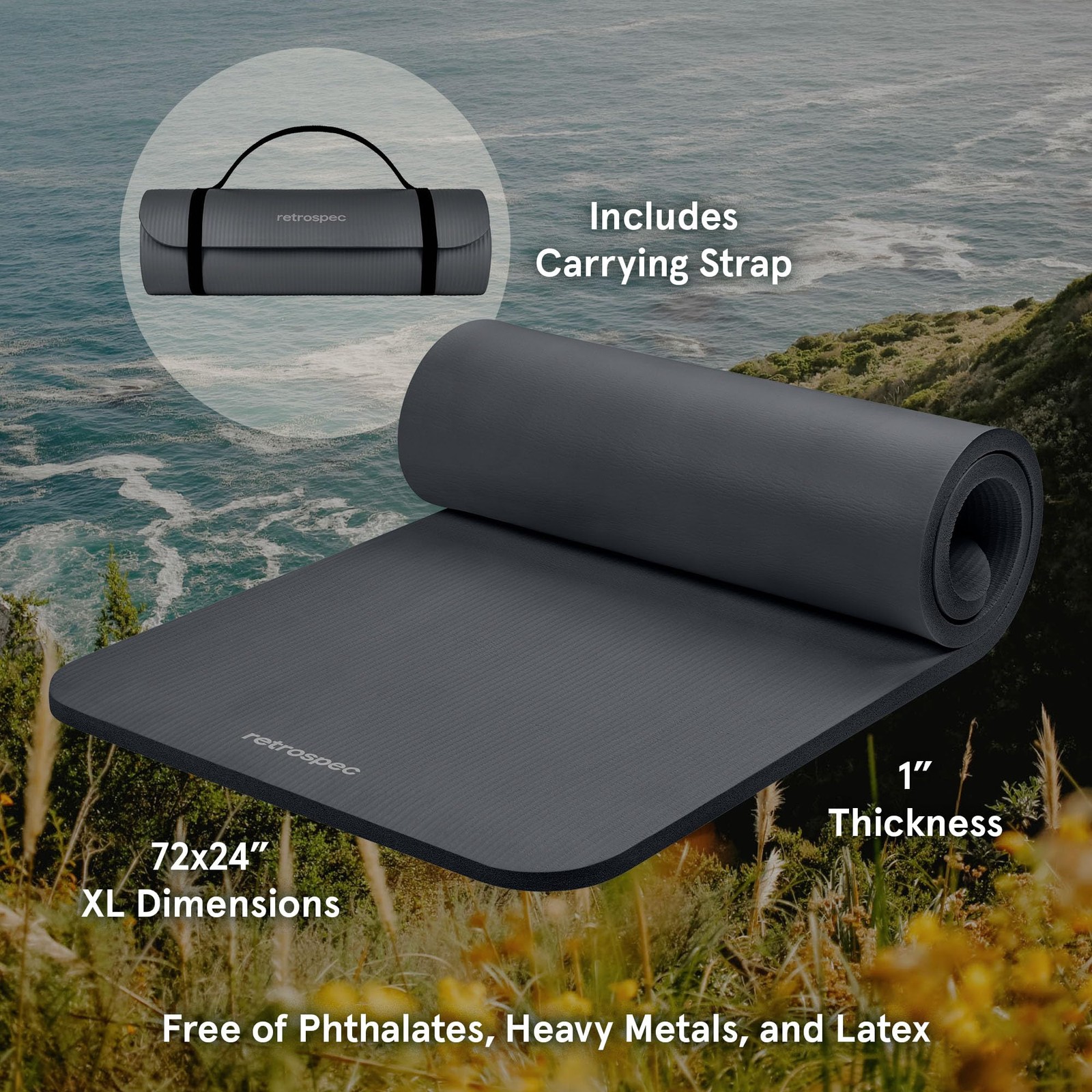 Retrospec Solana Yoga Mat 1&Prime; Thick With Nylon Carry Strap 1 inch, Graphite