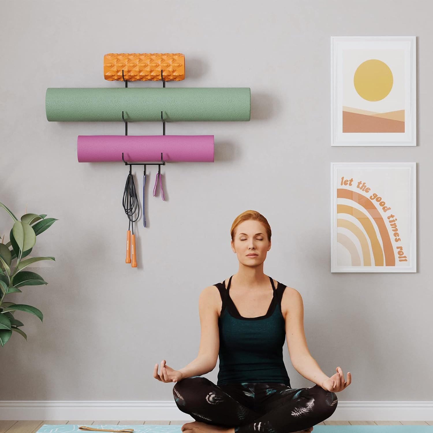 Wallniture Guru Yoga Mat Holder Wall Mount with 3 Hooks for Hanging Yoga Strap,
