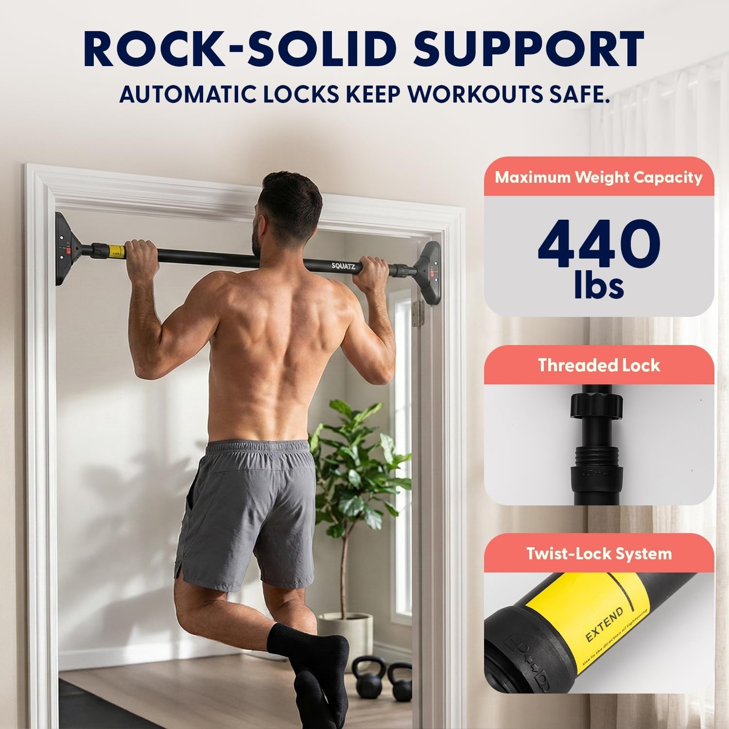Squatz Doorway Pull Up Bar, Adjustable Door Frame Pull Up Bar with Level Mete…