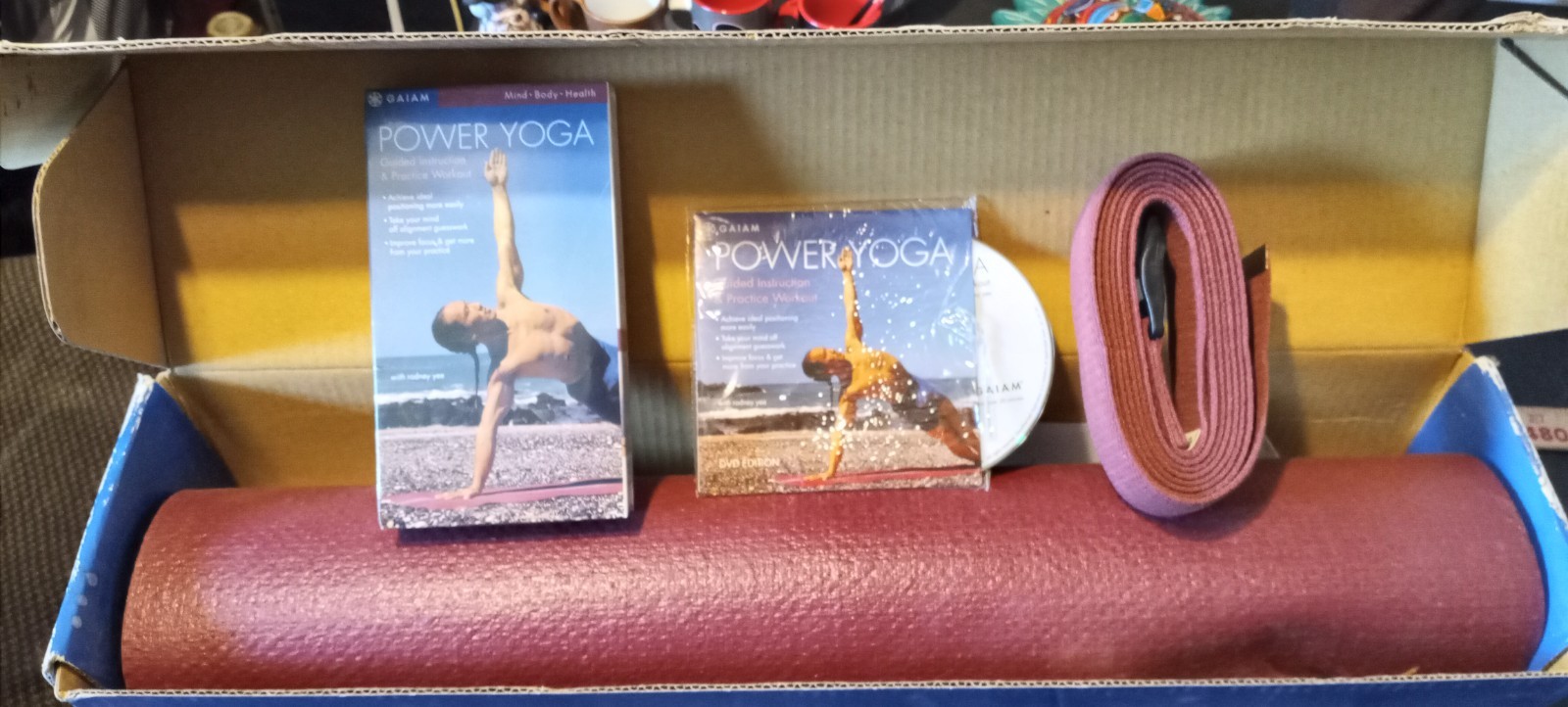 Power yoga mat kit, with video, bonus DVD and yoga strap, unused in original box