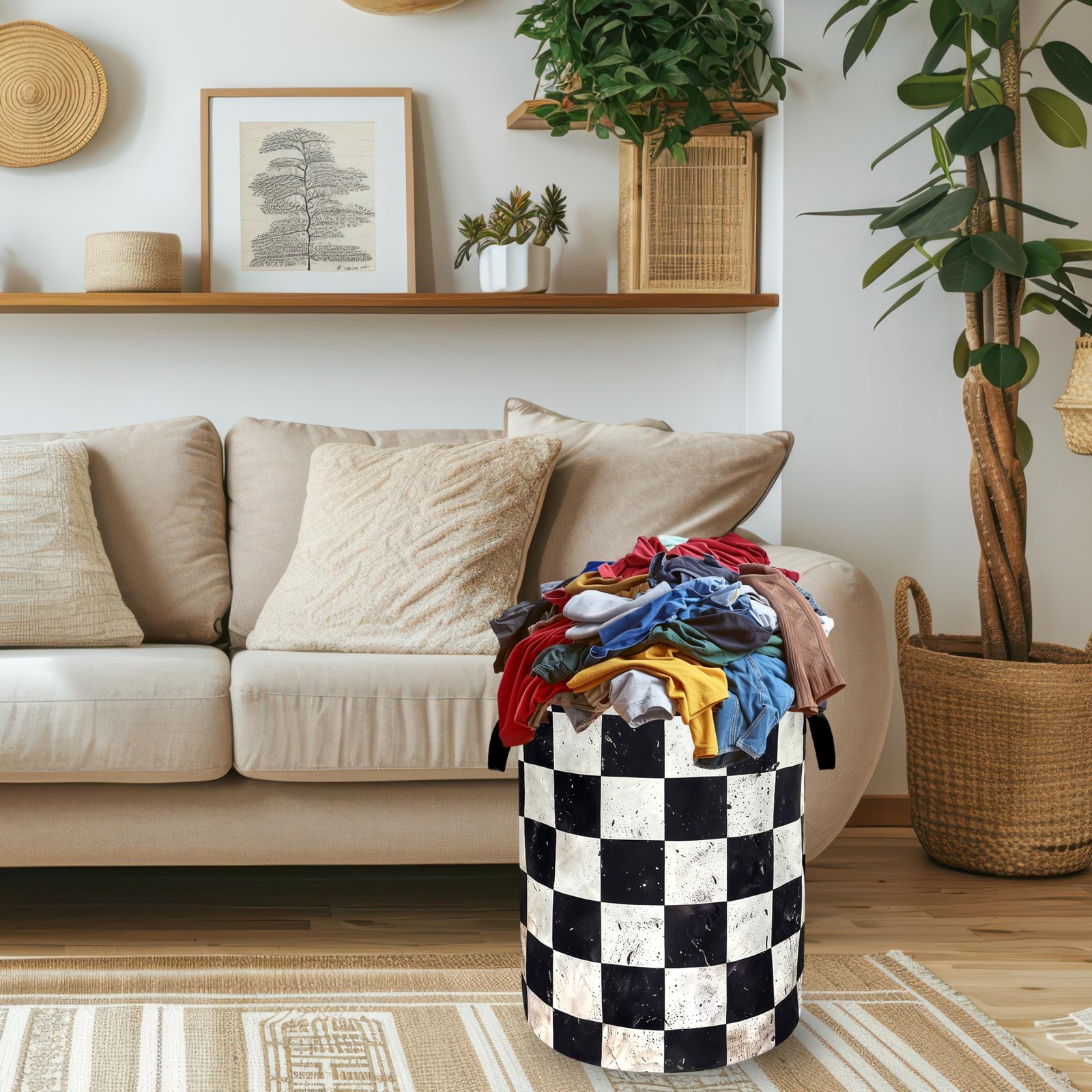 Funny White Checkered Laundry Basket Foldable Retro Black Squares Laundry Ham…