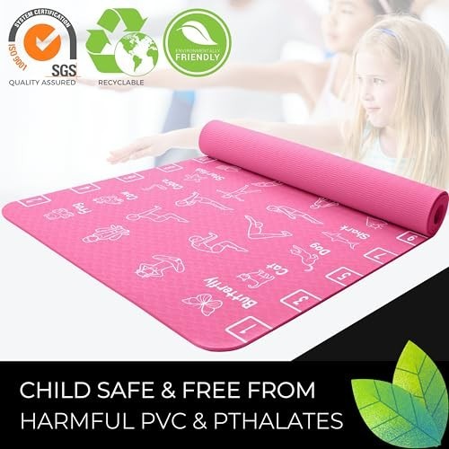 Kids Yoga Mat Non-Slip TPE Exercise Mat 24×59 6mm Thick Animal Poses Carry Strap