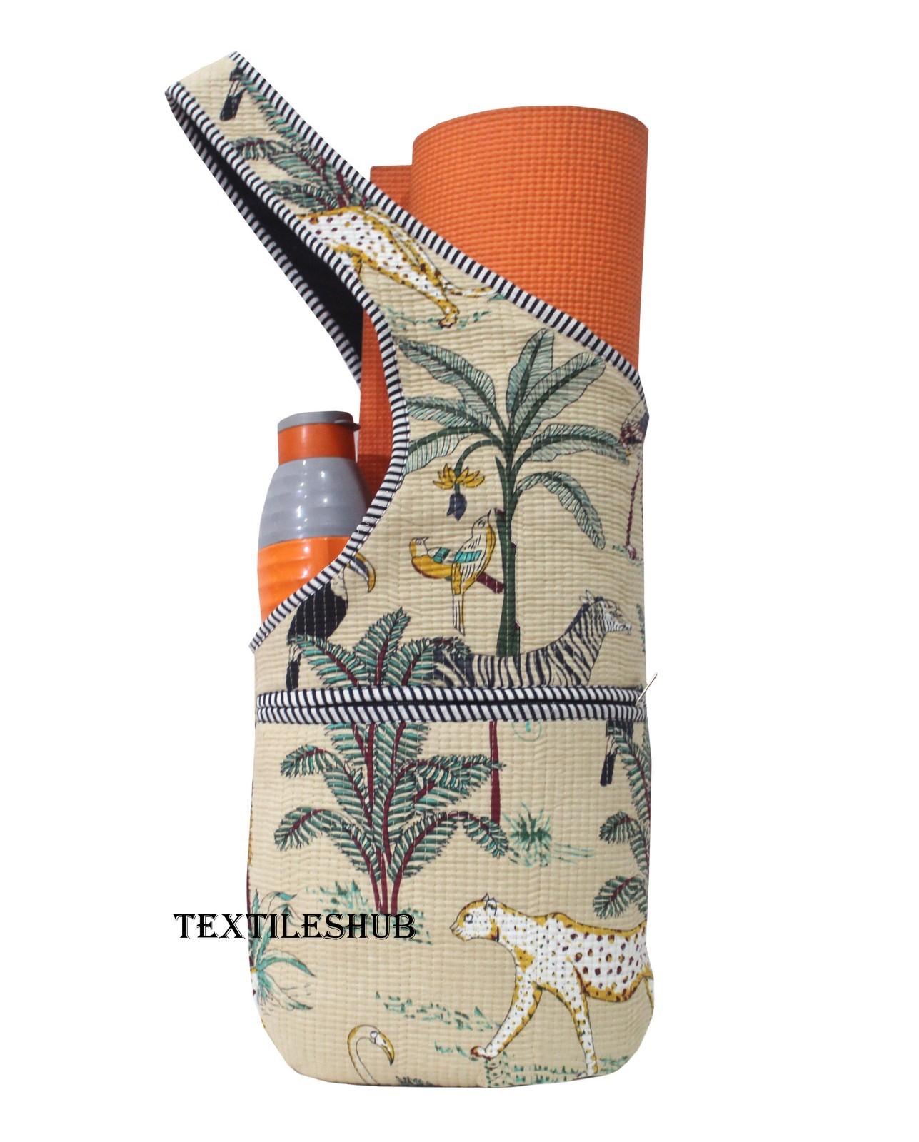 Handmade Cotton Yoga Mat Bag Quilted Animal Print Sling Shoulder Carrier