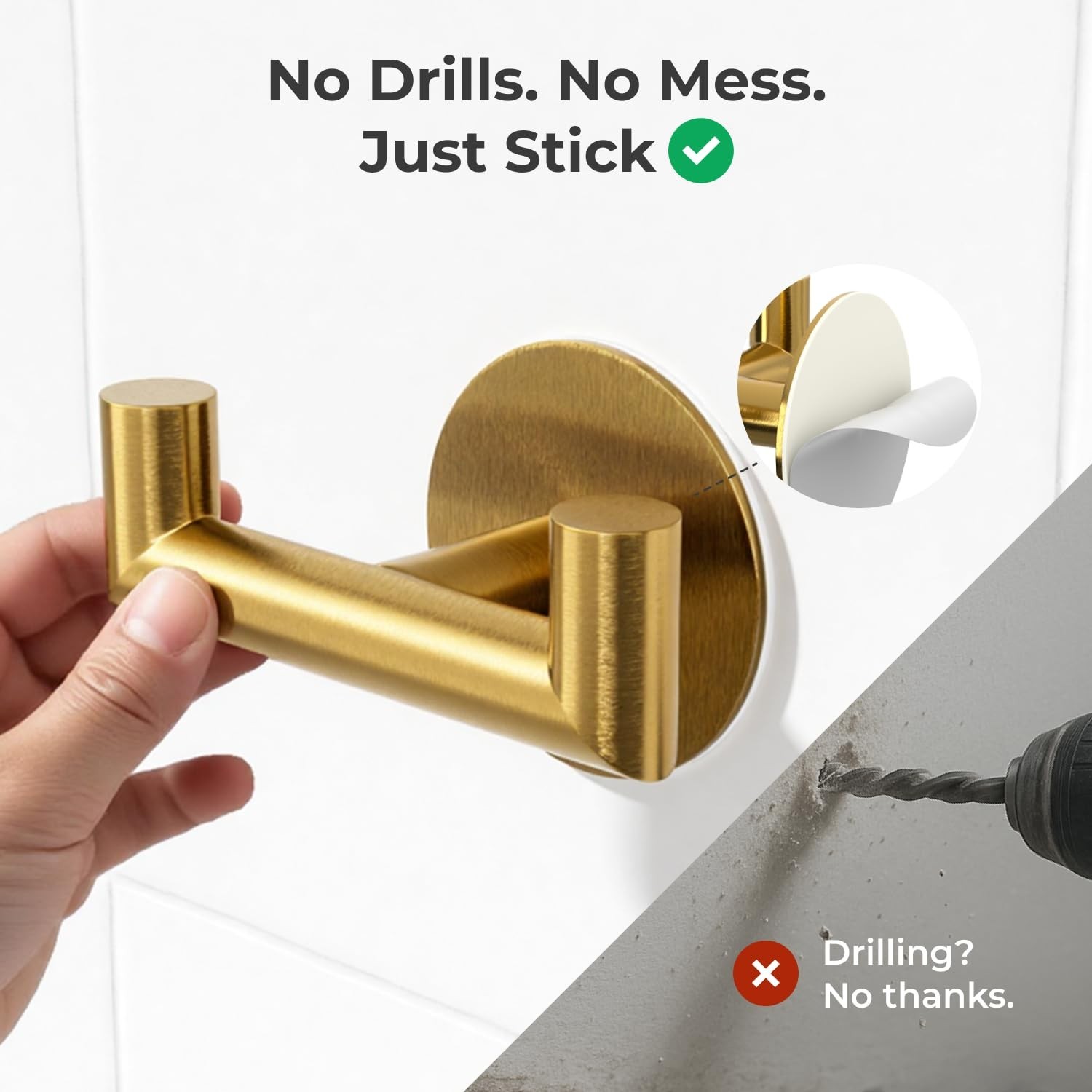2 Pack Brushed Gold Bathroom Hooks for Towels – Self Adhesive Double Hooks fo…