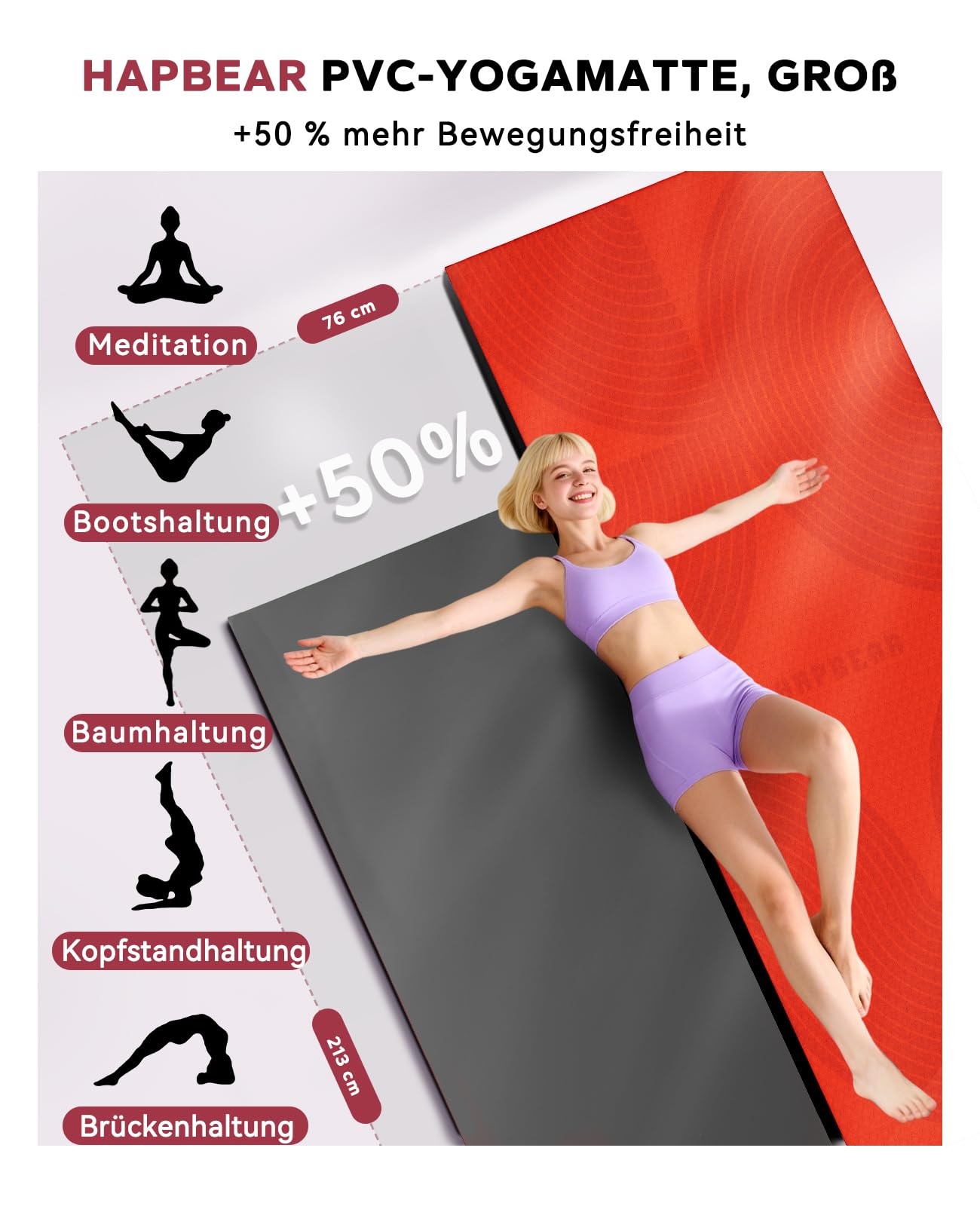 Yoga Mat XXL 213×76cm – 8mm Thick, Double Sided High Density PVC Non Slip…