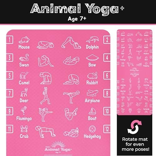 Kids Yoga Mat Non-Slip TPE Exercise Mat 24×59 6mm Thick Animal Poses Carry Strap
