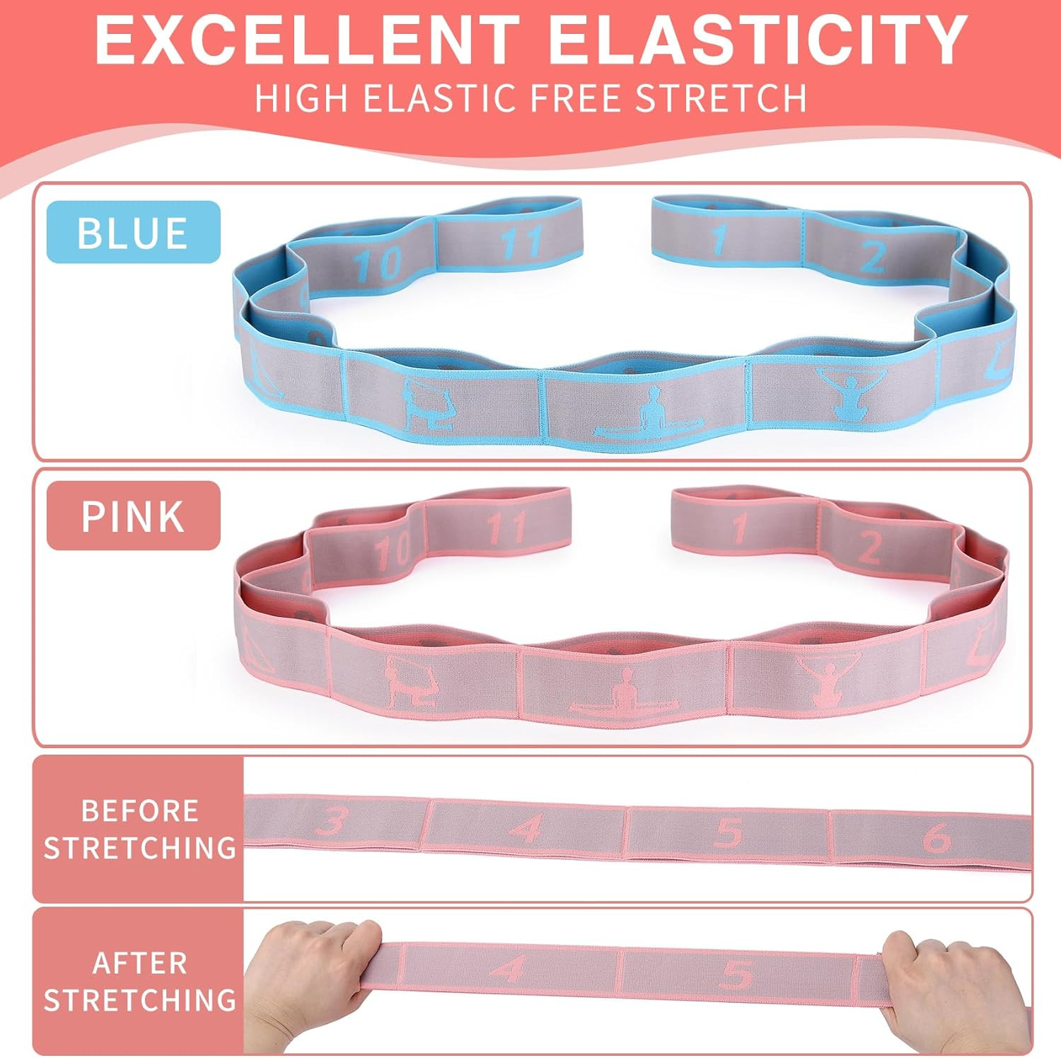 Elastic Yoga Stretching Strap with Loops, Stretch Straps for Physical Therapy,