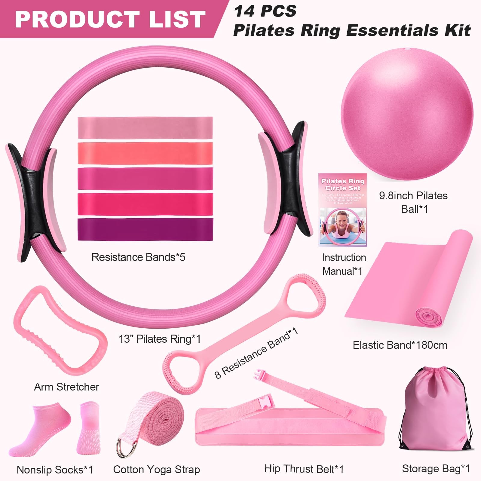 Dilobio Pilates Kit, Equipment for Home Workout, 13 Inch, Pink