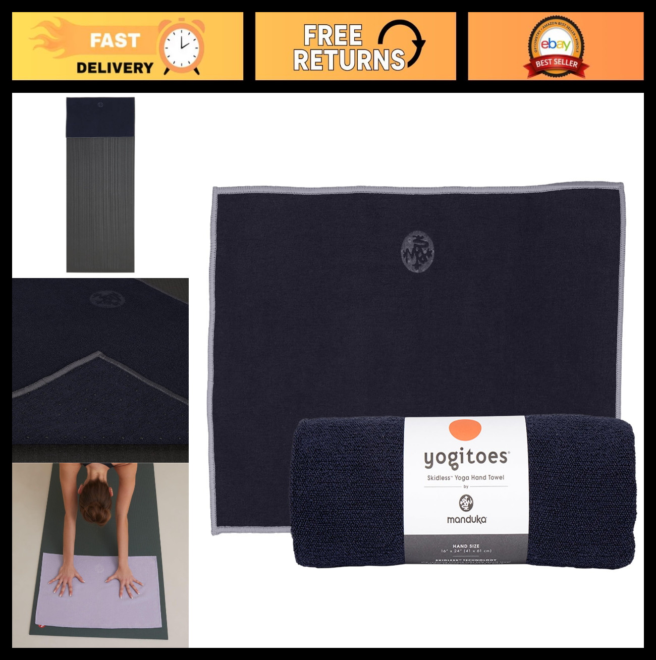 Highly Absorbent Yoga Hand Towel 16&Prime;x24&Prime; | Moisture Grip, Silicone Nubs | Compac