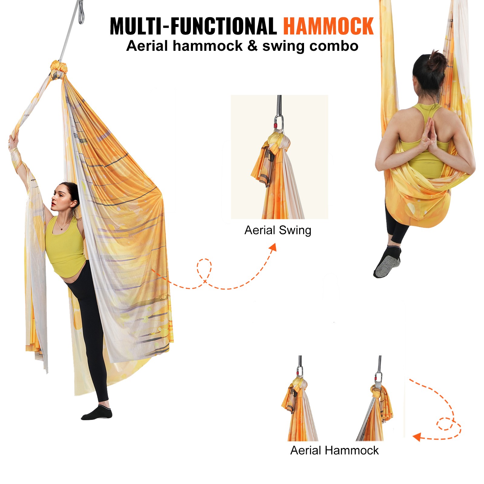 Uimoso Aerial Yoga Hammock 5.5 Yards Nylon Sling for Inversion Exercises, Gold
