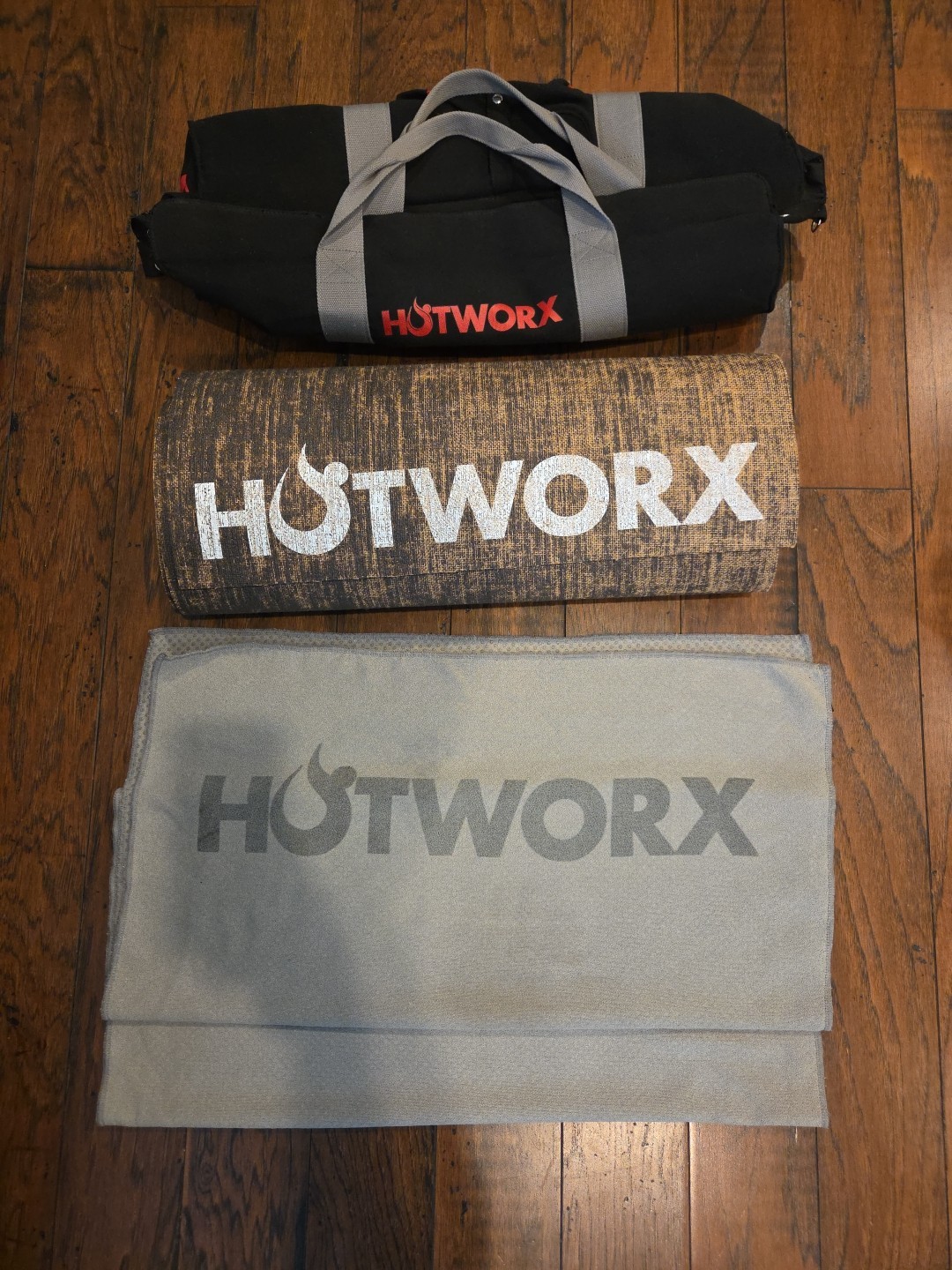 HOTWORX Brown Yoga Mat & Gray Black Non-Slip Towel & Black Rectangular Carry Bag
