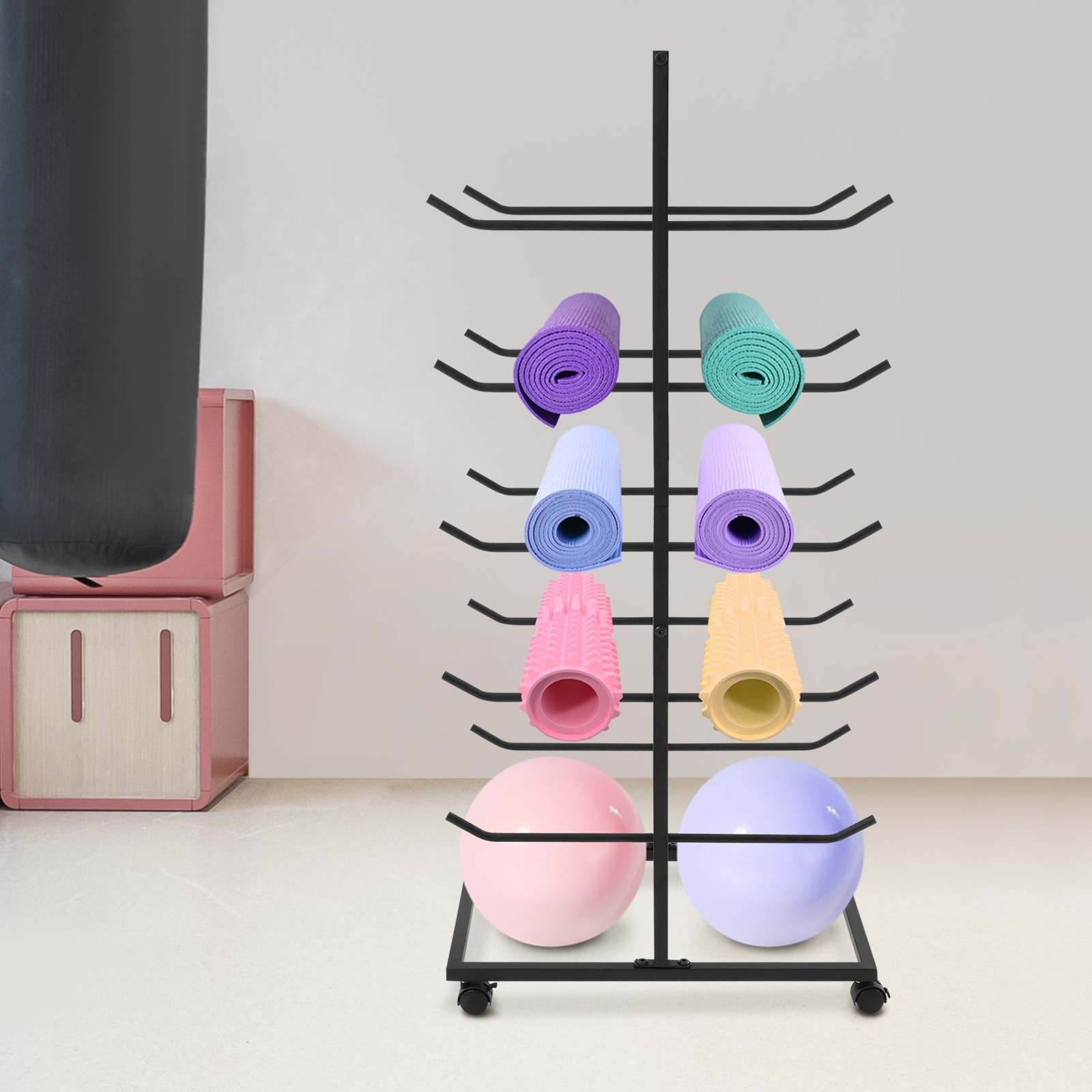 5 Tier Yoga Mat Holder Yoga Mat Storage Rack w/Wheels Large Capacity 60*40*130cm